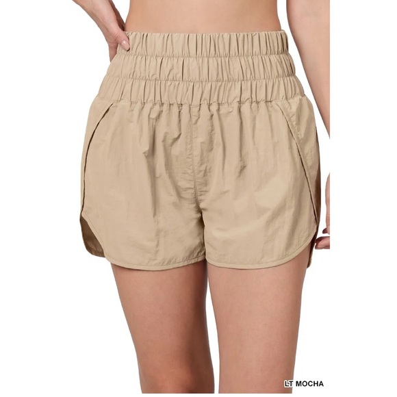Pants - LIGHT MOCHA WINDBREAKER SMOCKED WAISTBAND RUNNING SHORTS-